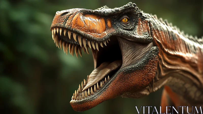 Cranial close-up of roaring theropod predator, photoreal render.