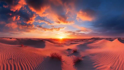 Sunset illuminates rippled desert dunes under dramatic clouds