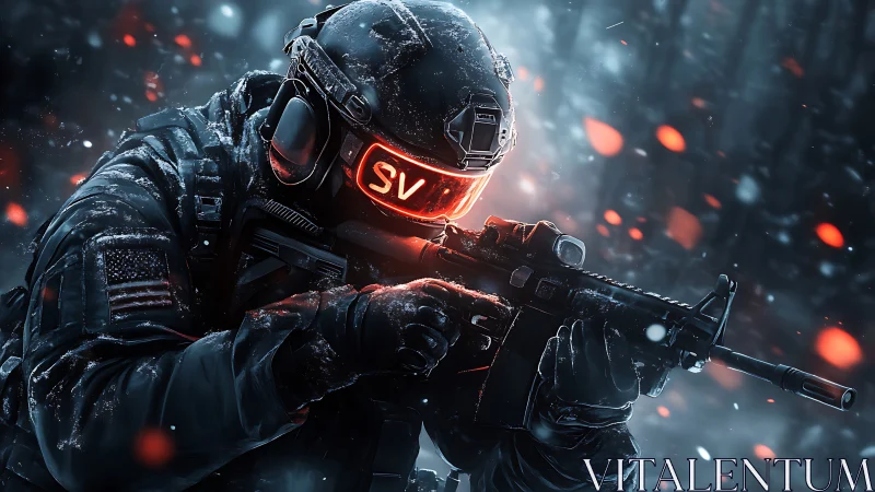 Tactical cyber soldier aims rifle amid neon snowstorm.