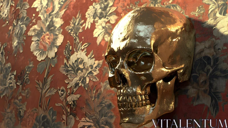 Shiny Gold Skull on Ornate Floral Wallpaper, Surreal Art Style.