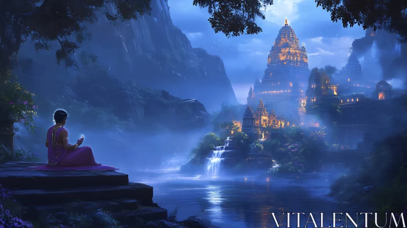 Moonlit temple valley with meditating figure by river