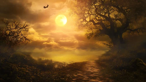 Golden moonrise over misted lake and winding forest path.