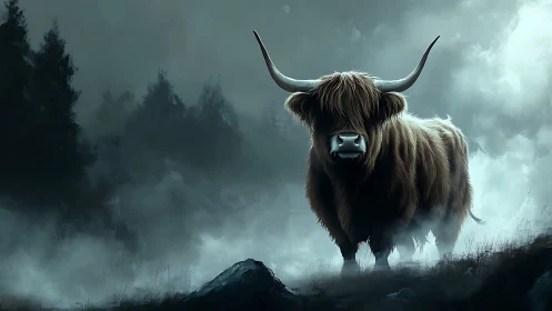 Highland bull emerges through misty forest gloom at dawn.