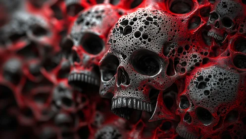 Porous metallic skull cluster over red fractal voids.