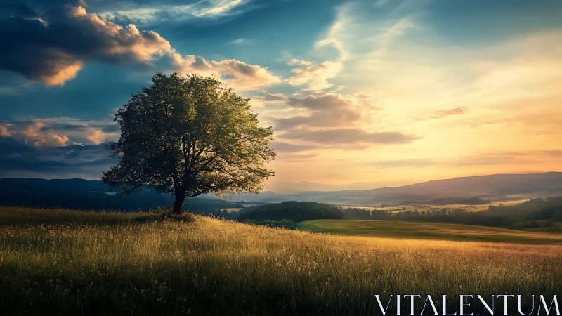 Photorealistic lone tree at golden hour on rolling meadowscape.