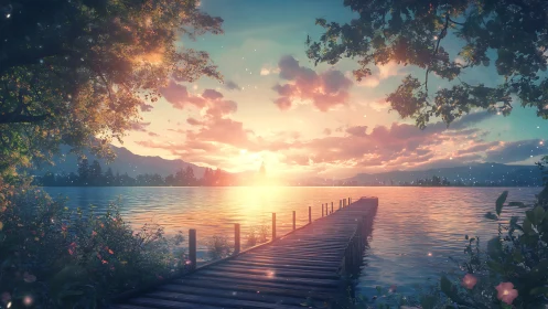 Lakeside sunset pier with ethereal light and pastel sky.