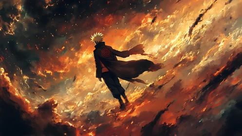 Solitary figure above turbulent orange and black skyscape.