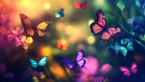 Bright butterflies drift gently through a glowing garden dream