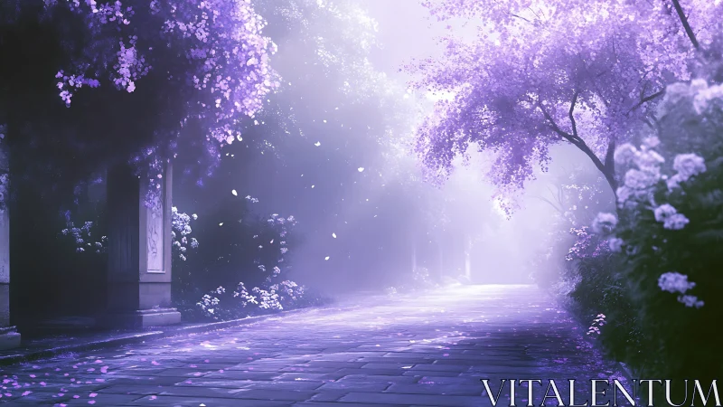 Luminous lavender tree corridor with volumetric backlighting and petals