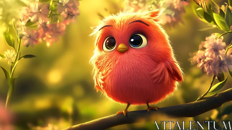 Adorable Cartoon Pink Bird on Blossom Branch, Soft Lighting.