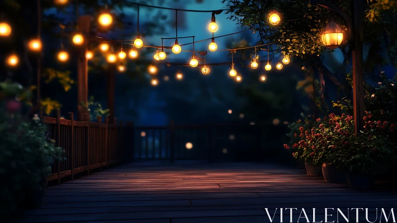 Wooden garden terrace under warm string lights at dusk.