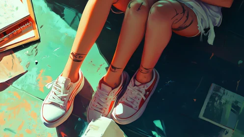 Youthful legs in red sneakers on teal painted studio floor.