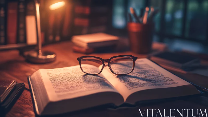 Warm lamplight over open book and resting glasses.