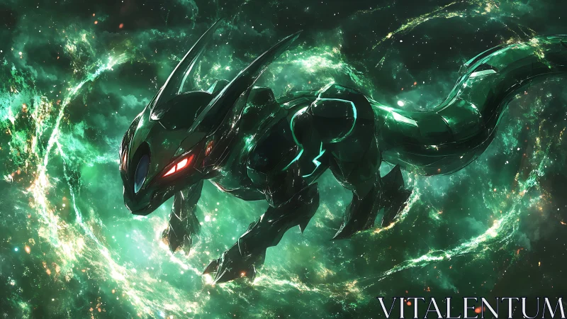 Green mechanical dragon entity in luminous space vortex.