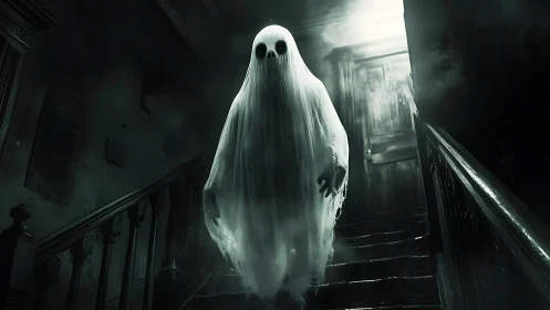 Ghostly figure descends staircase inside dark haunted house