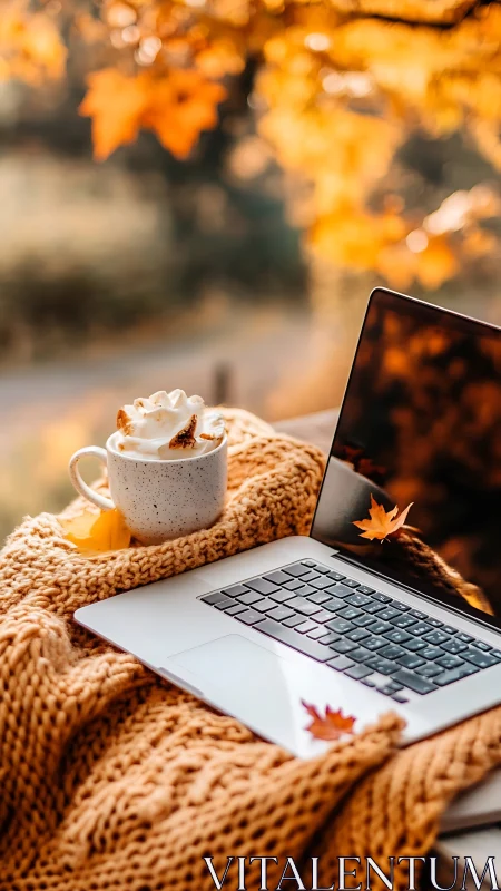 Cozy laptop workspace nestles into warm golden autumn light
