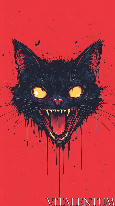Neon-fanged black cat head melts over venom-red void.
