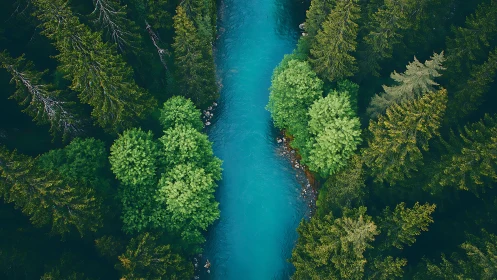 Aerial View of Vibrant Blue River Flowing Through Lush Forest.