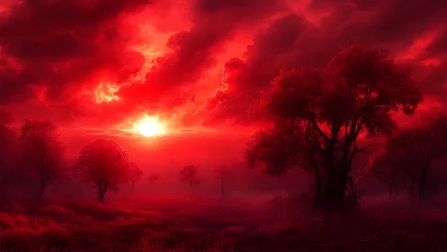 Crimson storm sunset engulfs misty forest horizon.