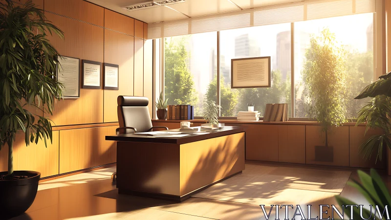Sunlit executive office with modern wood paneling and greenery.