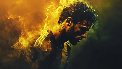 Side profile of male athlete in smoke-filled yellow backlight