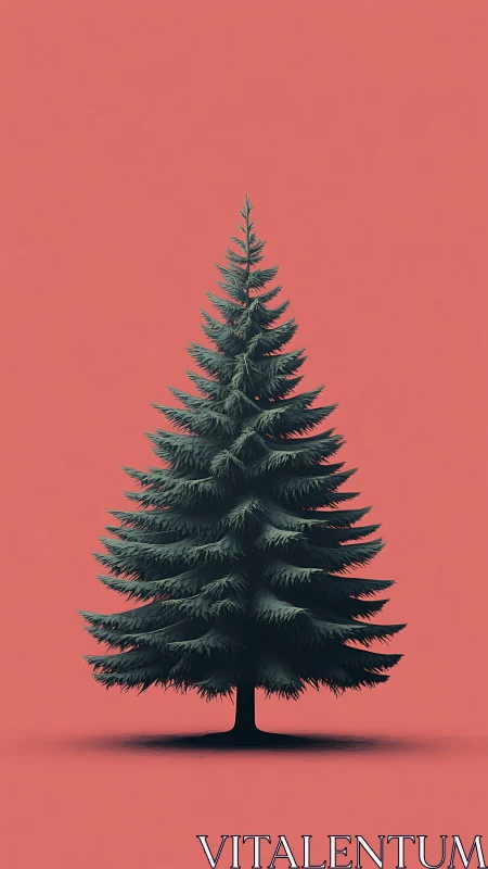 Evergreen tree stands against muted coral minimal background.