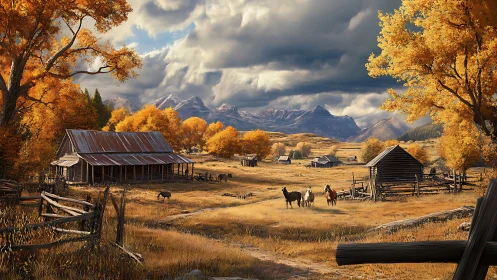 Rural autumn ranch landscape with barns, horses, and mountains.