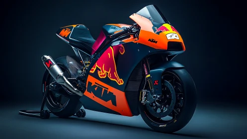 Neon-charged KTM race bike poised like a sprinting wildfire.