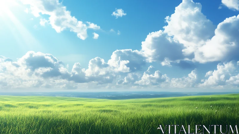 Sunlit grassland under towering cumulus cloudscape.
