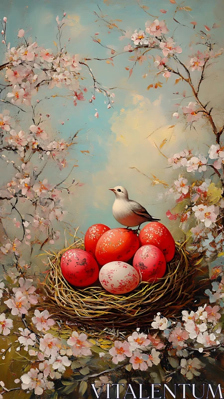 Small bird stands on painted eggs in nest among blossoms