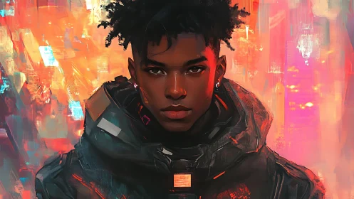 Futuristic pilot faces neon storm within glowing digital haze