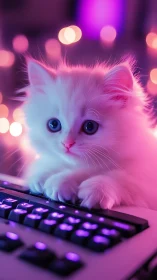 Luminous Feline Subject: Neon-Rendered White Cat at Gaming Console
