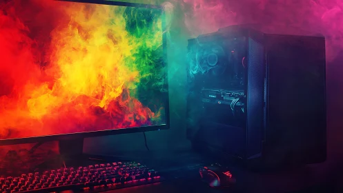 RGB gaming desktop with colorful monitor smoke effect.