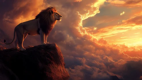 Majestic lion overlooking molten, sunset-lit clouds.