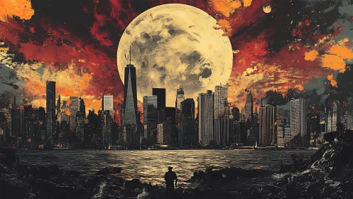 Moody city skyline glowing beneath an enormous rising moon.