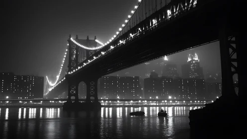 Bridge lights glow through fog over city river at night.