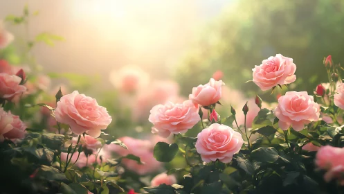 Pink roses in afternoon garden light with soft bokeh background.