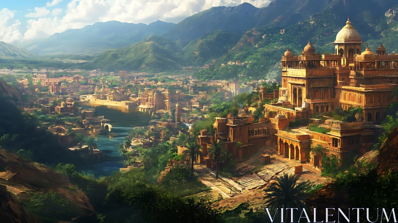 Sunlit riverside kingdom wrapped in emerald mountain calm.