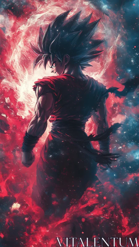 Cosmic warrior strides through a storm of scarlet starlight