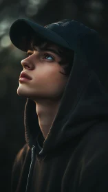 Oblique-profile hoodie portrait under shallow-depth dusk light.