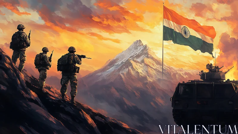 High-altitude Indian infantry and armor under flaming sky.