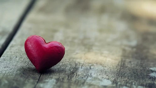 Red heart rests on weathered wooden surface