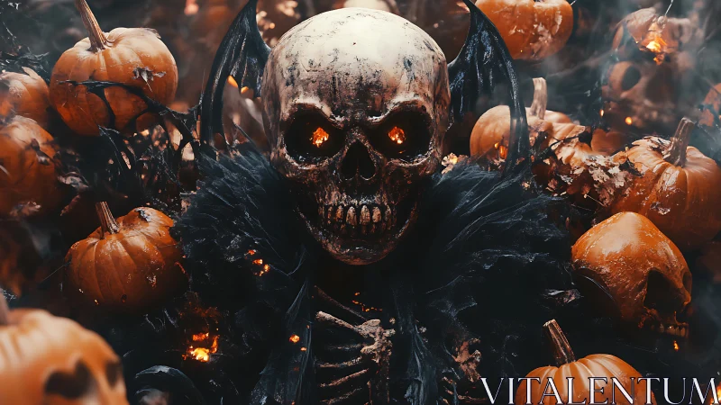 Skeletal figure with burning eyes amid dense pumpkins.