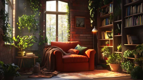 Cozy reading corner shows orange armchair and indoor plants