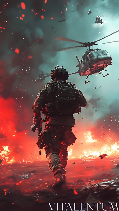Soldier advances through burning battlefield under helicopters.