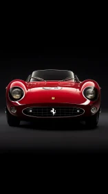 Front view of red classic sports car on dark background.