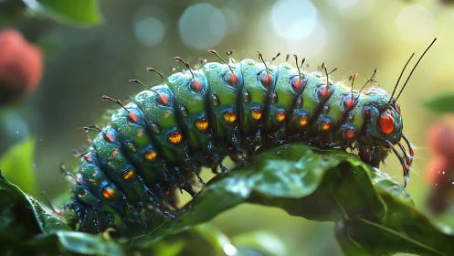 Luminescent alien caterpillar on dewy leaves at sunrise.