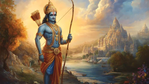 Divine archer strides beside a golden riverside kingdom.