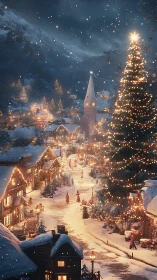 Snow-covered alpine village street glows with festive lights