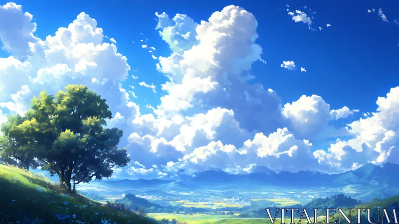 Sunlit hillside overlooks vast valley beneath towering clouds
